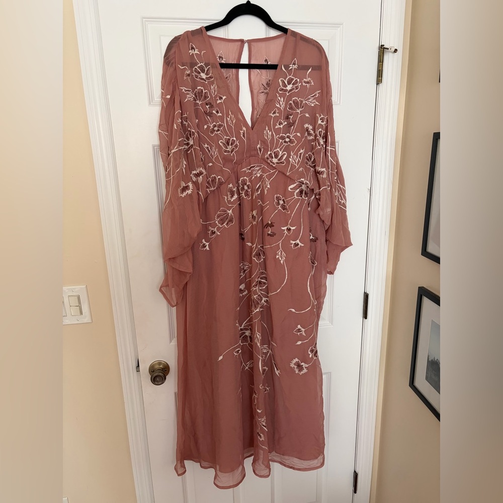 Blush Pink Bateing Floral Embroidered Dress with Button Details